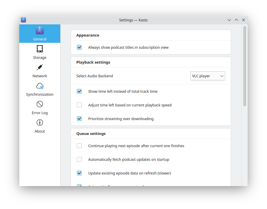 Kasts new settings design showing audio backend selection